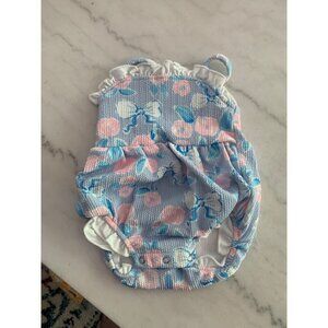 Baby Girls Floral Sleeveless Romper With Ruffle Details Snap Closure Blue & Pink